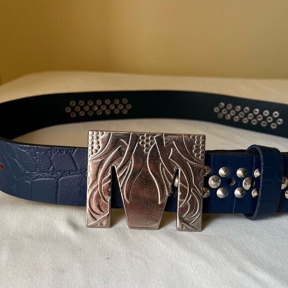 Blue Croc Embossed Studded Leather Belt Silver M Buckle Statement Y2K 40" - Picture 2 of 9